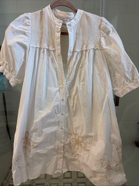 Hoffman White Button-Front Smocked Yoke Dress with Beige Floral Embroidery